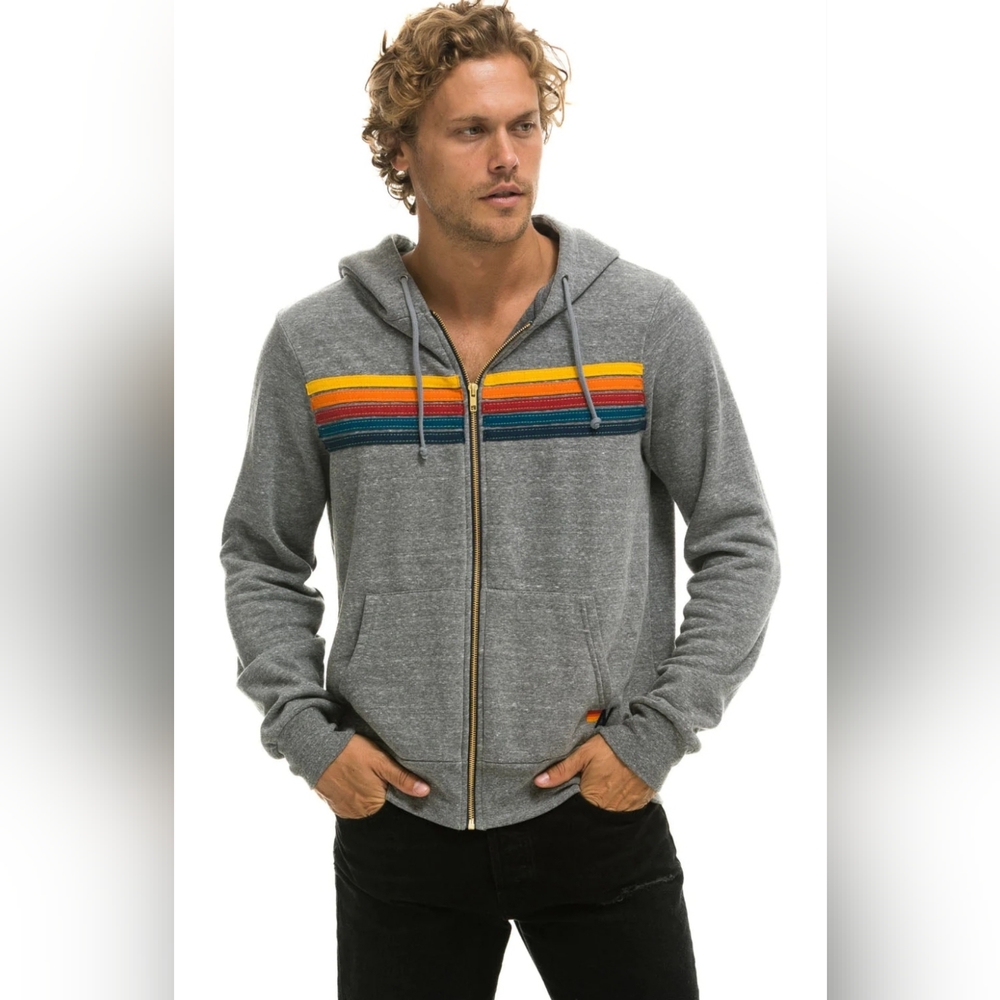 AVIATOR NATION 5 STRIPE HOODIE ZIPPER - HEATHER GREY